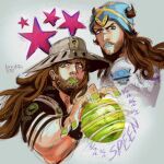  2boys artist_name beanie beard blue_hat blue_lips brinbin brown_hair brown_hat cosplay facial_hair fingernails green_lips green_nails grey_background gyro_zeppeli gyro_zeppeli_(cosplay) hat joel_(vinesauce) johnny_joestar johnny_joestar_(cosplay) jojo_no_kimyou_na_bouken long_hair male_focus multiple_boys nail_polish star_(symbol) steel_ball_(jojo) steel_ball_run vinesauce vinny_(vinesauce) 