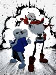  2boys animal annoying_dog backlighting black_sclera black_shorts blue_jacket bone boots bright_pupils brothers colored_sclera commentary_request dog drawstring emphasis_lines english_commentary explosion explosion_background floating_clothes floating_scarf flying_animal full_body furrowed_brow gloves grin hand_on_own_hip highres hip_bones hood hooded_jacket jacket looking_to_the_side male_focus mixed-language_commentary multiple_boys muu_ut3 open_clothes open_jacket open_mouth outstretched_arm papyrus_(undertale) partially_colored pointing red_boots red_gloves red_scarf sans_(undertale) scarf shirt shorts shrugging siblings skeleton skull slippers smile socks solid_oval_eyes spine standing striped_clothes striped_shorts twitter_username undertale utdr_(toby_fox) white_background white_gloves white_pupils white_shirt white_slippers white_socks zipper 