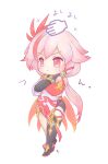  1girl asymmetrical_gloves black_boots black_gloves black_thighhighs boots chibi china_dress chinese_clothes closed_mouth commentary_request crossed_arms dress elbow_gloves fu_hua fu_hua_(phoenix) full_body gloves headpat highres honkai_(series) honkai_impact_3rd long_hair mismatched_gloves mon_momu ponytail red_eyes red_gloves single_thighhigh solo thighhighs white_background white_dress 