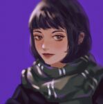  1girl black_cloak black_hair blunt_bangs blunt_ends bob_cut brown_eyes chinese_commentary cloak close-up closed_mouth commentary expressionless eyelashes film_grain green_scarf harry_potter_(series) highres hogwarts_school_uniform light_blush lips looking_at_viewer loose_hair_strand nose pansy_parkinson portrait purple_background red_lips scarf school_uniform short_hair simple_background slytherin solo striped_clothes striped_scarf wizarding_world zongou_ba_de_aren 