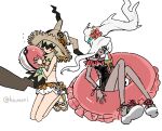  2girls :p aqua_eyes bikini bikini_skirt black_one-piece_swimsuit black_streaks blonde_hair blush colored_tips commentary darkrai flower food frilled_innertube frills hair_over_one_eye harurie hat highres humanization ice_cream inflatable_toy innertube knees_together_feet_apart long_hair medium_hair mimikyu multicolored_hair multiple_girls one-piece_swimsuit poke_ball pokemon ribbon rose sandals seiza sidelocks single_sidelock sitting streaked_hair sun_hat swim_ring swimsuit tongue tongue_out untranslatable_commentary wavy_hair white_hair white_sandals yellow_sandals 