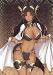  1girl 413valerian :3 :d abstract_background absurdres animal_ear_fluff animal_ears artist_name black_background blush bra breasts brown_background brown_bra brown_collar brown_loincloth cleavage cloak collar commentary cowboy_shot dark-skinned_female dark_skin detached_collar english_commentary fingernails gold_background gold_nails gold_trim hands_up highres large_breasts long_fingernails multiple_tails navel open_mouth orange_eyes original sharp_fingernails smile solo stomach tail thigh_strap twitter_username underwear watermark white_cloak 
