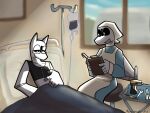 aeromorph after_surgery aircraft anthro bed blurred_background boeing_737 boeing_747 bombardier bunchasticks chest_binder clipboard clothing drill duo eli_the_plane_(bunchasticks) eyewear female furniture glasses headscarf hi_res holding_clipboard holding_object hospital_bed hospital_room intersex intersex/female iv_bag iv_drip learjet_35 living_aircraft living_machine living_vehicle machine mayday_(bunchasticks) nurse_clothing nurse_uniform painterly power_tool tools trans_(lore) trans_man_(lore) underwear uniform vehicle window wrench