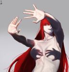  \||/ double_\||/ fate/grand_order fate_(series) hand_shadow_covering_breasts_(meme) highres komeko_939_1 long_hair meme nude oda_nobunaga_(fate) one_eye_covered open_hands outstretched_arms red_hair shadow shadow_censor shadow_puppet spread_fingers topless_female very_long_hair 