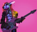  anthro bass_guitar bottomwear chain clenched_teeth clothed clothing cross crossdressing digital_media_(artwork) dress ear_piercing ear_ring fur fur_markings gold_(metal) goth guitar hair harness hi_res kangaroo long_hair looking_at_viewer macropod makeup male mammal markings marsupial musical_instrument orange_hair pentagram pentagram_harness piercing plucked_string_instrument ravios simple_background smile solo standing string_instrument teeth teeth_showing xdarkspace 