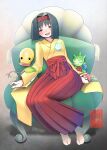  1girl artist_name bellsprout black_hair blue_flower blue_rose blush bob_cut chair commentary_request erika_(pokemon) flower full_body hair_intakes hairband hakama hakama_skirt half-closed_eyes highres holding holding_poke_ball japanese_clothes kimono light_particles looking_at_viewer miyazaki_hakkaame no_shoes open_mouth parted_hair poke_ball pokemon pokemon_(creature) red_flower red_hairband red_hakama red_rose relaxing rose roselia_(pokemon) short_hair simple_background sitting sitting_on_object skirt socks tabi twitter_username watermark white_socks yellow_kimono 