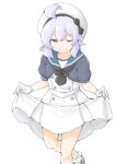  1girl akara_kai beret blue_eyes blue_sailor_collar commentary_request cosplay cowboy_shot dress gloves hat highres holding_own_skirt jervis_(kancolle) jervis_(kancolle)_(cosplay) kantai_collection one_eye_closed original purple_hair sailor_collar sailor_dress sailor_hat short_sleeves solo white_background white_dress white_gloves white_hat 