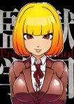  1girl :3 absurdres black_background blazer blonde_hair blunt_bangs breasts brown_eyes brown_jacket closed_mouth collared_shirt commentary copyright_name dress_shirt gradient_hair highres jacket large_breasts looking_at_viewer midorikawa_hana multicolored_hair neck_ribbon nikunigushii orange_hair prison_school red_ribbon ribbon school_uniform shirt smile solo upper_body white_shirt 