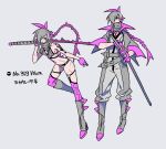  1boy 1girl arm_behind_back baggy_pants belt bikini boots braid commentary_request full_body gloves grey_background grey_belt grey_bikini grey_boots grey_hair harurie highres humanization knee_up leaning_forward long_sleeves messy_hair multicolored_hair pants pink_eyes pink_gloves pink_hair pink_socks pokemon popped_collar scar sheath single_sidelock sleeve_cuffs socks swimsuit sword two-tone_hair unsheathing veluza weapon 