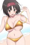  1girl areola_slip beach bikini black_eyes black_hair bouncing_breasts breasts commentary erika_(pokemon) gold_bikini golden_week hairband highres large_breasts navel ocean open_mouth pokemon pokemon_firered_and_leafgreen red_hairband short_hair solo surippa1010 swimsuit wardrobe_malfunction 