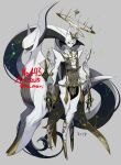  1other arceus black_sclera coattails colored_inner_hair colored_sclera colored_skin commentary_request constellation creature_and_personification crested_hair earrings full_body galaxy green_eyes grey_background halo hand_up harurie high_collar highres horns jewelry long_sleeves multicolored_hair partial_humanization personification pokemon pokemon_(creature) smirk solo tailcoat v-bangs white_hair white_skin 