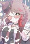  1girl absurdres animal_ears arnolddayo black_shirt breasts brown_hair chain_necktie choker collarbone commentary_request confetti ears_through_headwear fedora forever_young_(racing)_(umamusume) forever_young_(umamusume) green_choker green_eyes grin hat highres horse_ears horse_girl jacket jewelry large_breasts long_hair looking_at_viewer multicolored_hair multiple_rings necktie one_eye_closed open_mouth purple-tinted_eyewear red-tinted_eyewear red_jacket red_streaks ring shirt smile solo streaked_hair sunglasses teeth tinted_eyewear umamusume upper_body w white_necktie white_streaks 