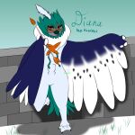  1:1 absurd_res anthro beak blue_body brick_wall clawed_toes claws decidueye diana_(fenviingspaan) featureless_crotch female fenviingspaan87drago grass green_hair hair hi_res multicolored_body neck_tuft nintendo plant pok&eacute;mon pok&eacute;mon_(species) red_eyes snow solo spots tuft two_tone_body video_games wall wall_(structure) white_body wings 