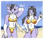  2026 4_fingers anthro athletic athletic_anthro athletic_female athletic_male beach belly belly_tuft bikini black_hair black_nose black_pawpads black_sclera blep blue_sky blush blush_lines border bulge canid canine canis clothing countershading detailed_bulge digital_media_(artwork) duo female female_anthro fingers fulgari_(iivoltagewolf) fur gesture gloves_(marking) gold_bikini hair hand_behind_back hand_gesture hand_on_hip iivoltagewolf katana looking_at_viewer male male_anthro mammal markings matching_outfits melee_weapon mother_(lore) mother_and_child_(lore) mother_and_son_(lore) one_eye_closed outside parent_(lore) parent_and_child_(lore) parent_and_son_(lore) pawpads pink_tongue purple_body sand signature sky son_(lore) swimwear sword tail tongue tongue_out tuft two-piece_swimsuit v_sign water weapon weapon_behind_back white_belly white_border white_inner_ear wink winking_at_viewer wolf yellow_eyes 