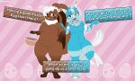 animate_inanimate anthro basket big_ears black_eyes blue_body blue_fur blushcrunch_studio braces breasts brown_body brown_fur buckteeth cocoa_(dandy's_world) container dandy's_world dialogue digitigrade duo easter english_text eyelashes eyewear featureless_breasts featureless_crotch female floppy_ears front_view fur glasses gloves_(marking) head_tuft hi_res holding_basket holding_container holding_object holidays lagomorph leg_markings leporid living_pinata long_ears looking_at_viewer lop_ears mammal markings navel neck_tuft open_mouth overweight overweight_female pattern_background pinata pink_background rabbit round_glasses simple_background socks_(marking) striped_background talking_to_viewer teeth text thenarrator34 thick_thighs toon_(dandy's_world) tuft wide_hips yatta_(dandy's_world)