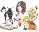  3girls artist_name bare_shoulders bead_necklace beads black_hair black_lips blonde_hair blue_eyes braid breasts brown_hair cleavage closed_mouth cosmetics cropped_torso detached_sleeves dress earrings feather_hair_ornament feathers final_fantasy final_fantasy_x fur-trimmed_dress fur_trim goggles goggles_around_neck green_eyes hair_beads hair_ornament hair_over_one_eye hairclip heterochromia highres japanese_clothes jas_(jasjasjasart) jewelry large_breasts lipstick_tube long_hair lulu_(ff10) medium_breasts medium_hair mole mole_under_mouth multiple_braids multiple_earrings multiple_girls multiple_necklaces necklace obi off-shoulder_dress off_shoulder orange_lips orange_shirt parted_bangs parted_lips pink_lips ponytail red_eyes rikku_(ff10) sash shirt short_ponytail smile updo upper_body white_background white_sleeves wristband yuna_(ff10) 