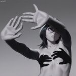  1girl \||/ ai-assisted anijunai armpits black_hair bleach blush breasts collarbone dark gradient_background grey_background hair_between_eyes hand_shadow_covering_breasts_(meme) highres kuchiki_rukia light_blush looking_at_viewer meme no_nipples non-web_source nude open_hands outstretched_arms parted_lips purple_eyes shadow shadow_censor shadow_hands_challenge short_hair signature solo spread_fingers topless_female 