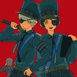  1girl 2boys adachi_tooru armband blue_hat blue_jacket caroline_(persona_5) caroline_(persona_5)_(cosplay) clipboard closed_mouth commentary_request cosplay eyepatch fake_nose grey_hair greyland215856 hat highres holding holding_clipboard holding_sword holding_weapon igor_(persona) igor_(persona)_(cosplay) izanami_(persona) jacket justine_(persona_5) justine_(persona_5)_(cosplay) male_focus matching_outfits multiple_boys narukami_yu open_mouth persona persona_4 persona_5 red_background simple_background sword weapon 