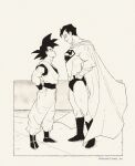  2boys alejandro_gonzalez black_hair bodysuit cape commentary crossover dc_comics dougi dragon_ball dragon_ball_z english_commentary height_difference highres lineart male_focus monochrome multiple_boys muscular muscular_male pectorals print_bodysuit saiyan short_hair smile son_goku spiked_hair stare_down superhero_costume superman superman_(series) superman_logo 