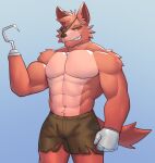  2021 abs anthro barazoku biceps bottomwear canid canine clothed clothing five_nights_at_freddy&#039;s fox foxy_(fnaf) fur hi_res jrjresq male mammal muscular muscular_anthro muscular_male pants pecs red_body red_fur simple_background solo teeth video_games 