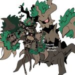  1girl apron ballet_slippers black_bow bow branch breasts brown_ribbon cleavage commentary_request dark_skin detached_sleeves green_hair green_trim harurie highres humanization knees_together_feet_apart lace-up_thighhighs maid_headdress pokemon red_eyes ribbon short_hair sleeves_past_wrists solo spiked_hair trevenant waist_apron 