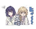  2girls :o arm_ribbon blonde_hair blush bob_cut bound bound_arms braid cardigan commentary cropped_torso dress_shirt fang fingernails frown fujita_kotone gakuen_idolmaster hair_ribbon hand_grab hataya_misuzu highres idolmaster interlocked_fingers jacket long_hair long_sleeves looking_ahead looking_at_viewer menrui_(xxmexzx) mole mole_under_mouth multiple_girls nervous_sweating purple_hair ribbon shirt short_hair skin_fang squatting sweat turn_pale twin_braids untranslatable_commentary upper_body white_cardigan white_jacket white_shirt 