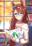  1girl absurdres animal_ears blue_eyes blue_skirt blush book bookshelf bow braid breasts brown_hair carrot caterpillar chair closed_mouth collarbone commentary_request glasses hair_between_eyes highres holding holding_book horse_ears horse_girl horse_tail long_hair multicolored_hair oguri_cap_(umamusume) picture_book pink_bow shirt sitting skirt smile streaked_hair super_creek_(casual)_(umamusume) super_creek_(umamusume) tail the_very_hungry_caterpillar tree umamusume very_long_hair white_hair white_shirt window yuru_010 