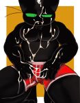  anthro black_body black_fur bodily_fluids border boxers_(clothing) bulge cartoon_network chest_tuft clothed clothing crouching cum cum_everywhere cum_in_mouth cum_inside cum_on_arm cum_on_body cum_on_face cum_on_hand cum_on_leg cum_on_stomach cum_on_torso cum_string domestic_cat feet felid feline felis front_view fur genital_fluids green_sclera hi_res male mammal mao_mao:_heroes_of_pure_heart messy muscular muscular_male mymu666 pecs red_clothing red_underwear sheriff_mao_mao_mao simple_background solo topless topless_male tuft underwear underwear_only white_border yellow_background 