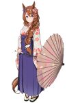  1girl alternate_costume animal_ears blue_eyes blue_hakama blush bow braid braided_ponytail breasts brown_hair closed_mouth commentary_request ear_bow floral_print floral_print_kimono flower full_body hair_between_eyes hair_flower hair_ornament hakama hakama_skirt highres holding holding_umbrella horse_ears horse_girl horse_tail japanese_clothes kimono large_breasts long_hair looking_at_viewer multicolored_hair oil-paper_umbrella print_kimono sandals shiromaru_illust simple_background skirt smile socks solo streaked_hair super_creek_(umamusume) tail umamusume umbrella very_long_hair white_background white_hair white_socks 