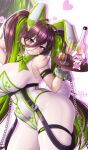  1girl alcohol alternate_costume alternate_hairstyle animal_ears antenna_hair bare_shoulders black_hair blush bodysuit bow bowtie breasts champagne champagne_bottle closed_mouth cuffs cup doro_(nikke) drinking_glass earrings english_commentary fake_animal_ears goddess_of_victory:_nikke green_bow green_bowtie guilty_(nikke) hair_between_eyes handcuffs head_tilt heart highres holding holding_tray jewelry large_breasts leotard long_hair multicolored_hair playboy_bunny rabbit_ears sevie sidelocks simple_background smile solo standing tray twintails two-tone_hair very_long_hair white_bodysuit wine_glass 