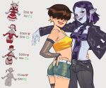  2girls :d absurdres arm_on_another's_shoulder bare_shoulders belt black_belt black_jacket black_pants blue_skin blush breasts bridal_gauntlets brown_hair camisole christmas colored_skin commentary covered_eyes cowboy_shot crop_top earrings english_commentary eyebrow_piercing face_piercing fang fishnet_bridal_gauntlets fishnet_thighhighs fishnets flat_chest frayed_shorts gloves hair_over_eyes hand_in_pocket hand_on_another's_waist hand_on_own_back hat highres jacket jewelry joecanvas leotard lip_piercing midriff mimi_(joecanvas) multiple_girls naked_ribbon open_clothes open_jacket open_mouth original panties pants panty_straps parted_bangs piercing pointy_ears purple_hair purple_lips red_eyes red_gloves red_leotard ribbon santa_hat short_hair short_shorts shorts small_breasts smile standing strapless strapless_leotard string_panties thighhighs twitter_strip_game underwear vampire vic_(joecanvas) yellow_camisole 