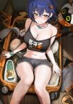  1girl absurdres bangboo_(zenless_zone_zero) belle_(zenless_zone_zero) bikini black_camisole black_shorts blue_hair blush breasts camisole collarbone commentary_request dolphin_shorts earrings eous_(zenless_zone_zero) green_eyes highres in_container jewelry korean_commentary large_breasts lillly looking_at_viewer navel necklace panties revision rolling_suitcase short_hair shorts single_off_shoulder skirt solo suitcase swimsuit underwear unworn_bikini unworn_panties unworn_skirt white_mouth wristband zenless_zone_zero 