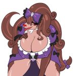  big_breasts bottomwear breast_grab breasts brown_hair brown_tail canid canine canis choco_werehound_brute clothing cookie_run domestic_dog female hair hand_on_breast humanoid long_hair mammal megi open_mouth pants princess purple_clothing purple_ribbon red_eyes red_nose royalty solo tongue tongue_out wolf 