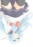  1girl akara_kai anchor_symbol black_panties black_sailor_collar blue_eyes blush commentary_request grey_hair hair_between_eyes hibiki_(kancolle) highres kantai_collection long_hair long_sleeves looking_at_viewer neckerchief panties pleated_skirt red_neckerchief sailor_collar school_uniform serafuku skirt smile solo thighhighs underwear upside-down white_background 
