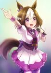  1girl absurdres animal_ears blush bow braid brown_hair collared_shirt commentary_request ear_bow ear_ribbon half_up_braid highres holding holding_microphone horse_ears horse_girl horse_tail jacket microphone multicolored_hair open_mouth purple_bow purple_eyes purple_ribbon purple_vest ribbon shirt short_hair short_sleeves skirt smile special_week_(special_dreamer)_(umamusume) special_week_(umamusume) tail thighhighs two-tone_hair umamusume vest white_hair white_shirt white_skirt white_thighhighs wristband yakushi_guremaru 