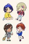  4girls :o ;d absurdres aonuma_neiru aqua_eyes belt black_belt black_choker black_shirt black_shoes black_sleeves blonde_hair blue_eyes blue_pants blue_ribbon blue_sweater bow braid brown_hair brown_shoes chibi choker closed_eyes closed_mouth collared_shirt commentary dark-skinned_female dark_skin dress egg english_commentary facing_viewer full_body green_eyes grey_dress hair_ornament hairband hairclip hand_up heterochromia highres holding holding_egg hood hood_down hoodie jacket kawai_rika leg_up letterman_jacket loafers long_hair long_sleeves looking_at_viewer mole mole_under_eye multicolored_hair multicolored_shoes multiple_girls nguyen_huy one_eye_closed ooto_ai open_mouth pants pink_streaks reverse_trap ribbon rolling_suitcase sawaki_momoe shirt shirt_tucked_in shoes short_hair simple_background single_braid sitting smile socks standing streaked_hair striped_clothes striped_socks suitcase sweater two-tone_shoes walking white_background white_bow white_hairband white_pants white_shirt white_shoes white_socks wonder_egg_priority yellow_eyes yellow_hoodie 