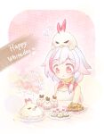  1girl animal_on_head bouquet cake china_dress chinese_clothes commentary_request cookie cupcake dress flower food fu_hua fu_hua_(phoenix) highres honkai_(series) honkai_impact_3rd jingwei_(bird) mon_momu on_head pink_flower ponytail red_eyes white_dress white_hair 