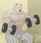  abs absurd_res anthro beastars biceps bodily_fluids bottomwear brown_bear brown_nose chest_scar claws clothing exercise grey_bottomwear grey_clothing grey_pants hi_res jabuhusky male mammal muscular muscular_anthro muscular_male nipples pants pecs riz_(beastars) scar shirtless simple_background sitting solo sweat sweatdrop tufted_fur ursid ursine weightlifting workout 