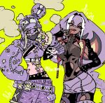  2girls arbok black_bra black_jacket blunt_bangs bra braid breasts commentary_request crossed_bangs dark_skin fingernails gloves harurie hat highres humanization jacket large_breasts long_fingernails long_hair long_sleeves midriff multicolored_hair multiple_girls nail_polish pants pencil_skirt poison_type_theme_(pokemon) pokemon purple_hair red_eyes skirt stomach_tattoo tattoo underwear ushanka weezing white_hair yellow_background yellow_eyes 