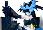  1girl black_rock_shooter black_rock_shooter_(character) black_rock_shooter_beast blue_crown blue_eyes blue_fire commentary crown drfb003 fire flaming_eye skeletal_hand stitched_chest stitched_torso stitches sword twintails uneven_twintails untranslatable_commentary weapon 