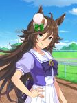  1girl absurdres ahoge animal_ears blue_eyes blue_sky blush bow bowtie breasts brown_hair cloud collarbone game_asset hair_between_eyes hair_ornament hairclip hand_on_own_hip hat highres horse_ears horse_girl horse_racing_track horse_tail long_hair looking_at_viewer medium_breasts mini_hat mini_top_hat mr._c.b._(umamusume) official_art outdoors parted_lips pleated_skirt puffy_short_sleeves puffy_sleeves purple_bow purple_bowtie purple_shirt sailor_collar sailor_shirt school_uniform shirt short_sleeves skirt sky smile tail top_hat tracen_school_uniform umamusume white_sailor_collar white_skirt 