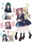  ! 3girls absurdres black_ribbon black_socks blue_jacket blue_overskirt blue_skirt brown_shoes commentary_request fujita_kotone gakuen_idolmaster girl_sandwich hair_flaps hair_ribbon hair_rings hanami_saki hatsuboshi_gakuen_school_uniform highres hug hug_from_behind idolmaster jacket kneehighs loafers long_hair looking_at_another menrui_(xxmexzx) multiple_girls pleated_skirt re;iris_(idolmaster) ribbon sandwiched school_uniform shirt shoes skirt socks speech_bubble spoken_exclamation_mark translation_request tsukimura_temari twintails two_side_up very_long_hair white_shirt yellow_jacket yuri 
