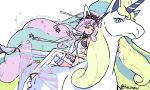  1girl animal_ears blowing_kiss blue_eyes blue_hair colored_eyelashes commentary_request curly_hair galarian_rapidash gloves harurie highres horse_ears horse_tail humanization leotard multicolored_hair pink_hair pokemon scarf see-through_clothes tail thighhighs two-tone_hair unicorn_horn white_gloves white_leotard white_thighhighs 