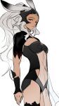  1girl animal_ears armor black_armor black_helmet black_thighhighs breasts closed_mouth commentary_request final_fantasy final_fantasy_xii fran_(ff12) garbage_paper grey_hair helmet highres korean_commentary long_hair looking_at_viewer medium_breasts ponytail rabbit_ears rabbit_girl red_eyes sideboob sidelocks sketch solo tan thighhighs thighs vambraces veil viera wavy_hair white_background white_veil 