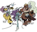 3boys argyle_clothes arm_up ascot baggy_pants bandaged_leg bandages belt black_belt black_gloves black_hair blonde_hair blue_suit body_hair brown_gloves brown_hair coattails crossed_arms dark_skin earrings entei facial_hair facial_mark fur_(clothing) fur_gloves gloves goatee hair_over_one_eye harurie highres holding holding_ribbon humanization jewelry leg_warmers long_hair long_sleeves multicolored_hair multiple_boys pants parted_bangs pink_hair pointy_hair pokemon raikou red_eyes red_hair ribbon single_earring single_sidelock suicune suit tailcoat wavy_hair white_ascot white_gloves white_ribbon 