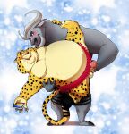  anthro balls benjamin_clawhauser bovid bovine cheetah chief_bogo disney duo felid feline genitals hi_res humanoid_genitalia humanoid_penis male male/male mammal overweight overweight_male penis penis_through_leghole poking_out seyrmo true_buffalo water_buffalo zootopia 