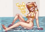  1girl arm_on_own_head barefoot beatrice_(umineko) bikini blonde_hair blue_eyes blunt_bangs blush braid braided_bun breasts bug butterfly commentary dated english_commentary fangs gold_bikini hair_bun hand_rest holding holding_smoking_pipe jewelry knee_up large_breasts navel one_eye_closed open_mouth partially_submerged ring sidelocks single_hair_bun sitting smile smoking_pipe solo stomach swimsuit thekkm toe_ring toes umineko_no_naku_koro_ni water 