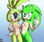  2021 abs accessory afrosoricid anthro archie_comics areola black_body black_fur blue_eyes breasts crossgender duo ear_piercing ear_ring eulipotyphlan eyelashes facial_markings female female/female fours_(artist) fur genitals gesture green_body green_fur hair hair_accessory hairband hand_on_back head_markings hedgehog hi_res idw_publishing mammal markings mask_(marking) middle_finger nipple_piercing nipples nude open_mouth piercing pink_nipples ponytail pubes pussy scar scourge_the_hedgehog sega sharp_teeth signature simple_background sonic_the_hedgehog_(archie) sonic_the_hedgehog_(comics) sonic_the_hedgehog_(idw) sonic_the_hedgehog_(series) surge_the_tenrec tan_body tan_nipples tan_skin teeth tenrec text tongue tongue_out url wristband 