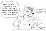 2026 anthro black_and_white bodily_fluids canid canine canis clothed clothing clothing_pull collared_shirt courtroom dialogue electronics english_text eyebrows flannel flannel_shirt flying_sweatdrops fur hair humor james_(videah) looking_away male mammal mature_anthro mature_male microphone mofu_guys monochrome narrowed_eyes nervous nervous_smile nervous_sweat offscreen_character reaction_image shirt shirt_pull shirt_tug signature simple_background smile solo sweat sweatdrop text the_truth topwear topwear_pull trial tuft white_background wolf