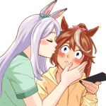  animal_ears aqua_bow ascot blush bow commentary couple ear_bow ear_ribbon high_ponytail highres horse_ears horse_girl jimmymushrooms kiss kissing_cheek mejiro_mcqueen_(umamusume) multicolored_hair pajamas ponytail single_hair_streak streaked_hair tokai_teio_(umamusume) umamusume yuri 